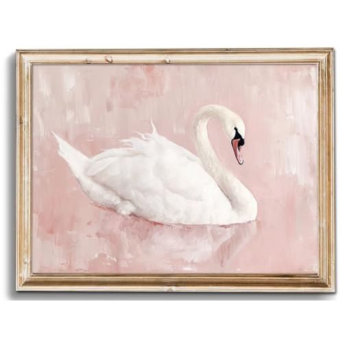 uniro Vintage Wall Art Prints Swan Decor Classical White Swan Canvas Oil Painting Poster for Pink Room Decor, Watercolor Vintage Art Pictures, Pastel Pink Coquette Room Decor for Nursery R oom Deco.r, Bedroom, Girly R.oom Decor for Nursery Bedroom Bath...