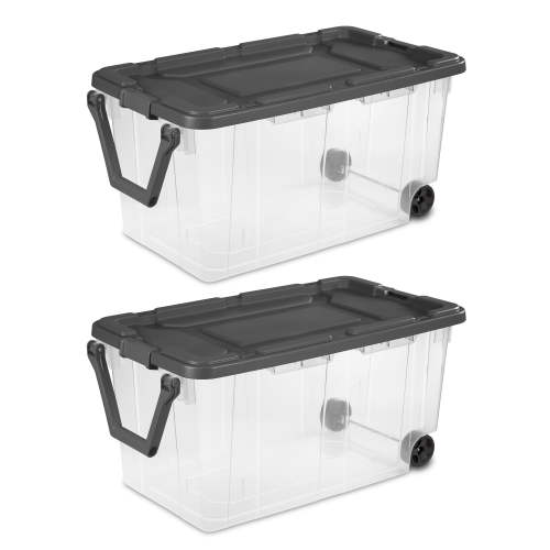 Sterilite 160 Quart Wheeled Stacker, Extra Large Durable Clear Bin, Latch Lid and Pull Handle, Gray, 2 Count