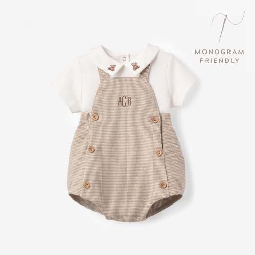 Teddy Bear Embroidered Houndstooth Overall Bubble – Elegant Baby