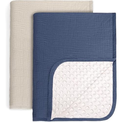 lulumoon Baby Blankets for Boys Newborn: Muslin & Minky Dotted Backing - Thermal Receiving Blanket for Stroller & Registry Gift 2Pack 30"x40"(IvoryBlue)