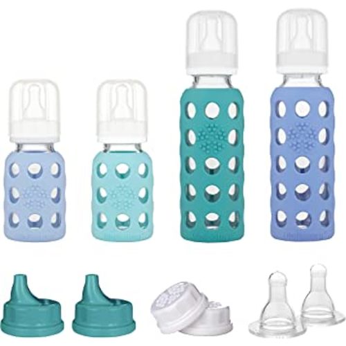 Lifefactory Baby Bottle Starter Set 10-Piece | 4 oz Mint & Blanket, 9 oz Kale & Blueberry | Includes Flat Caps, Sippy Caps, Stage 2 Nipples
