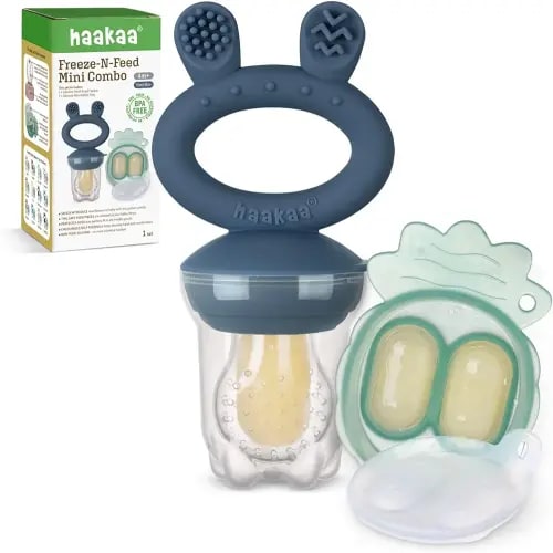 Haakaa Baby Fruit Food Feeder & Mini Freezer Nibble Tray Combo, Breastmilk Popsicle Molds for Baby Cooling Relief, BPA Free Silicone Feeder for Safe Infant Self Feeding, 4 Month+ (Steel Blue)