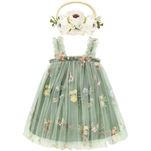 GRNSHTS Toddler Baby Girl Tutu Dress Sleeveless Floral Print Tulle Dress Little Girl Princess Dresses with Flower Headband