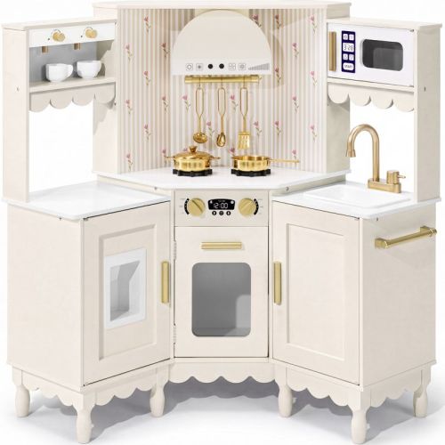 Best Choice Products Cottage Corner Play Kitchen for Kids, Wooden Toy Kitchen w/ Espresso, Ice Maker, Sink, 11pc - Cream
