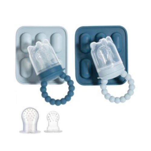 Toddler Silicone Fruit Feeders with Freezer Tray for Batch Prep, Set of 2 – Safe & Convenient, Includes Extra Pouches & Travel Lids, Dishwasher Safe