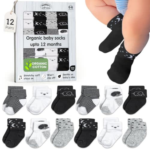 Organic Cotton Blend 12 Baby Socks 0-6 M Unisex Registry & Gift | Oeko-Tex Certified, Ankle Socks, 12 Pairs, Socks For Baby Girl, Baby Girl Socks 0-6 Months, Black- White- Gray Socks,
