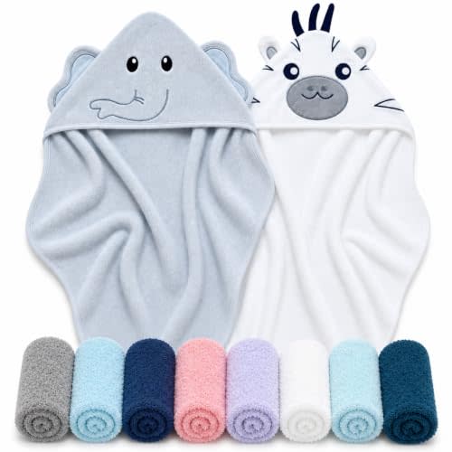 Cute Castle 2 Pack Hooded Baby Towel Rayon Made from Bamboo with 8 Washcloths - Soft Bath Towel for Bathtub for Babie, Newborn, Infant, Natural Baby Stuff Towel (Elephant and Zebra)