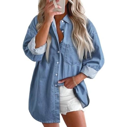 Astylish Women Denim Shirts Button Down Blouse V Neck Casual Tops