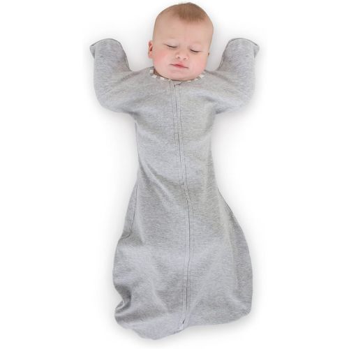SwaddleDesigns Transitional Swaddle Sack with Arms Up Half-Length Sleeves and Mitten Cuffs, Medium, 3-6 months, 14-21 lb, Heathered Gray, Striped Trim (Arms Up Swaddle, Transition Swaddle Sleep Sack)