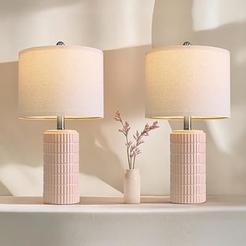 PoKat 20.75" Pink Ceramic Table Lamps Set of 2, Small Modern Bedroom Lamps for Girls Room, Bedside Lamps for Night Stands, Cute Lamps for Living Room Decor, Nightstands Desk Lamp, Light Pink