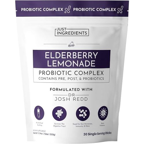 Elderberry Lemonade 3‑In‑1 Probiotic Complex – 30‑Stick Drink Mix with Prebiotics, Probiotics & Postbiotics – 5 Billion CFU Spore Strains + Lemon Extract – Immune, Gut & Digestive Support