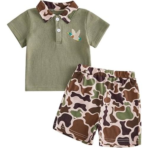 Toddler Baby Boy Summer Clothes T-shirt Tops Zip Up Polo Shirt Camouflage Shorts Set Infant Hunting Outfit 6M-4T