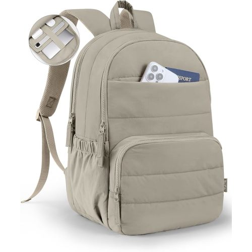 Travel Backpack for Women, 15.6 Inch Laptop Backpack, Quilted College Bookbag, Cute Work Backpacks, Water Resistant (Khaki Ash)