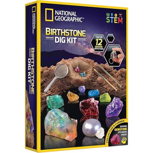 National Geographic Birthstone Dig Kit - Science Kit with 12 Genuine Birthstones, Includes a Real Diamond, Ruby, Sapphire, Pearl, & More, Gemstones and Crystals, Rock Collection (Amazon Exclusive)