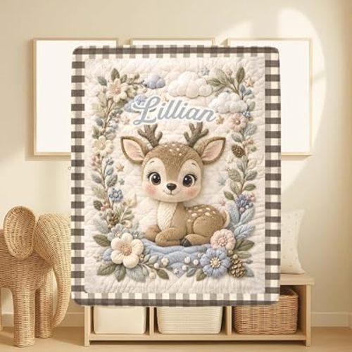 Personalized Baby Blanket with Name, Cute Deer Fawn Flannel Blanket