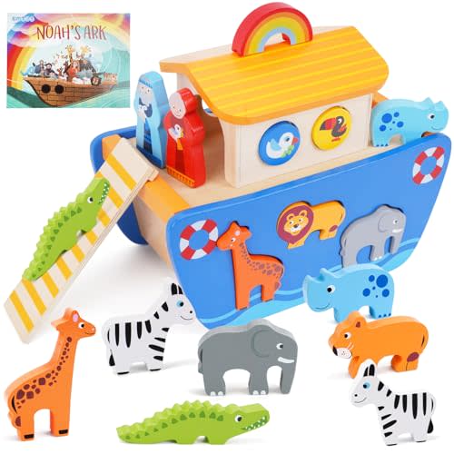 KMTJT Toddlers Wooden Noah's Ark Toy Animal Playset, Baptism Gifts for 1 2 3 Boys Girls, Shape Sorter Early Learning Montessori Toys with Bible Story Book for 12 18 24 Months Babies