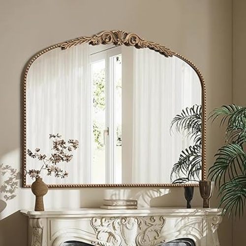 Besdomus Gold Large Arched Mirror: 40"x29" French Baroque Vintage Mirror - Traditional Ornate Antique for Mantel/Bedroom/Entryway/Bathroom/Hallway - Home Decor for Fashion-Conscious
