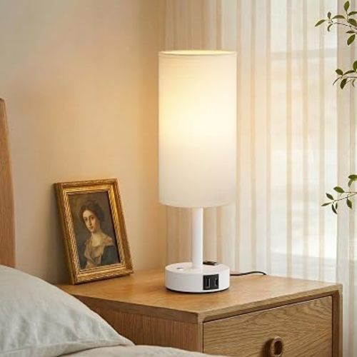 White Touch Bedside Lamp for Bedroom, Stepless Dimmable, USB A+C, AC Outlet
