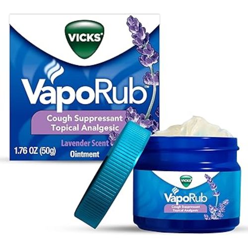 Vicks VapoRub, Lavender Scent, Cough Suppressant, Topical Chest Rub & Analgesic Ointment, Medicated Vicks Vapors, Relief from Cough Due to Cold, Aches & Pains, 1.76oz
