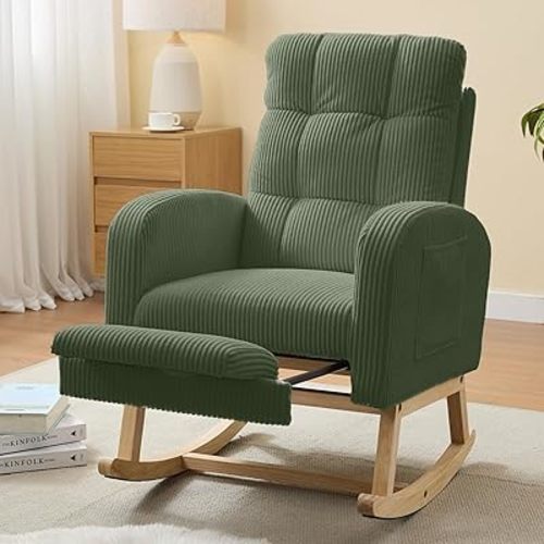 NIOIIKIT Nursery Rocking Chair, Corduroy Upholstered Rocking Chair with Adjustable Footrest, Tufted Rocker Chair with Side Pocket, Glider Rocker for Living Room, Bedroom (Green Retro)