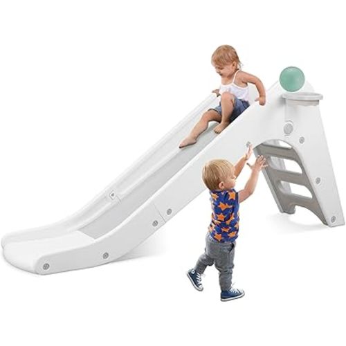 Arlopu Freestanding Kids Slide, Toddler Slide Climber with Basketball Hoop & Ball, Baby Playset w/Long Slope, for Boys and Girls Birthday, Sturdy Playground Toy for Indoor Outdoor (Grey White)