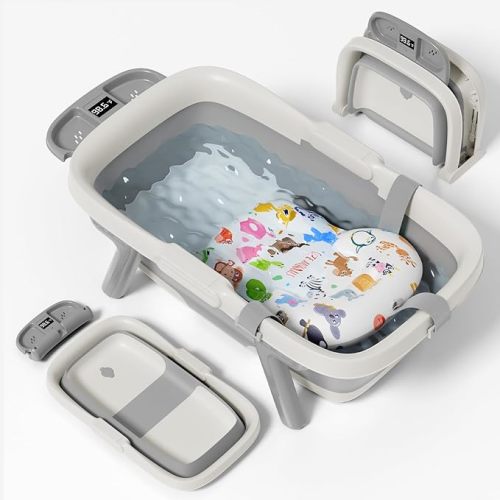 Collapsible Baby Bathtub, Large Infant Bath Tub with Thermometer & Cute Soft Cushion for Newborn to 36-Month Toddlers, Storage and Non-Slip Feet Design, Baby Bath Gift (Grey)