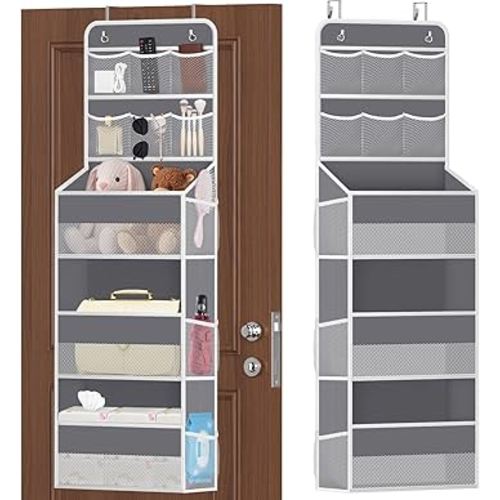 5-Tier Over the Door Organizer with Mesh Pockets, Baby Nursery Storage for Closet, Bathroom and Bedroom, Adjustable Hanging Closet Organizer for Cosmetics, Books and Essentials（Dark Grey）