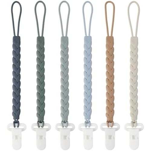 6-Pack Silicone Pacifier Clips with a Woven Rope Shape for Baby Boys and Girls - Flexible and Rust-Free Holders for Teething Relief and Baby Essentials, Safe for Newborns (Grey)