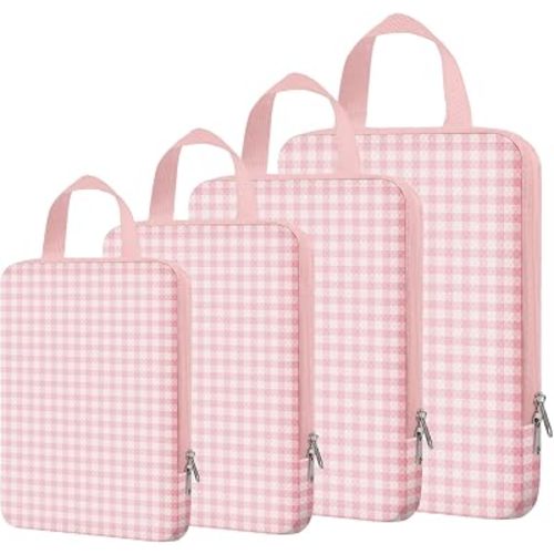 4 Set Expandable Compression Packing Cubes for 3–7 Day Travel, Solid & Plaid Fabric Travel Organizers, Double-Zipper Storage Bags for Carry-On & Suitcases(4set-Pink Gingham)