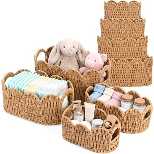 Newtay 4 Set Paper Rope Scalloped Baskets, Large Wicker Storage Baskets