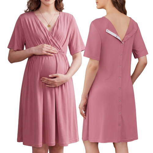 KISSGAL Women Maternity Nursing Nightgown with Button Short Sleeve Nursing Dress for Breastfeeding Labor and Delivery Gown for Hospital S-XXL