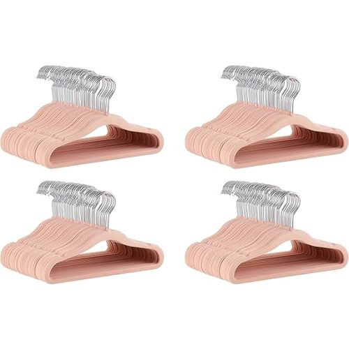 Amazon Basics Kids Space Saving Velvet Non-Slip Clothes Hangers with Shoulder Notches for Infant and Toddler, 11.6", Blush, 50-Pack