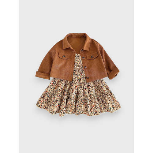 2 Pcs Toddler Baby Girl Ditsy Floral Layered Cami Dress with Corduroy Jacket