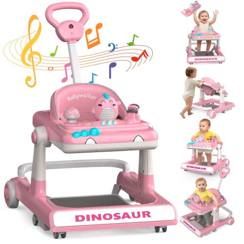 WonderStone Baby Walker, Adjustable Seat and Height, Music & Light, Dinosaur Walkers and Activity Center for Boys and Girls 6-24Months (Pink)