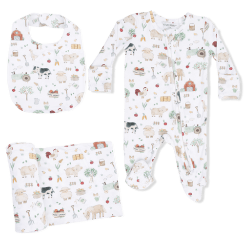 Cute Farm Animals Uni - 2 Way Zipper Footie, Swaddle  & Bandana Bib Set
