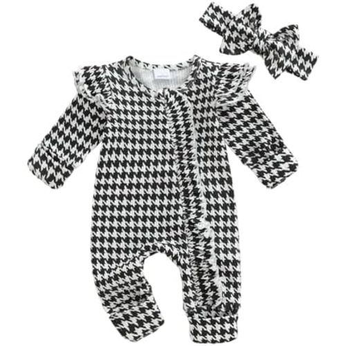 Baby Girl Coming Home Outfit Newborn Clothes Ribbed Ruffle Romper Long Sleeve Zipper Jumpsuit with Headband