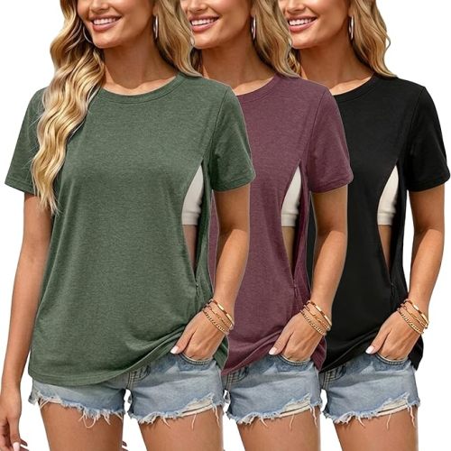 Ecavus Women's 3-Pack Nursing Shirts for Breastfeeding with Hidden Zippers Loose Fit Maternity Tops