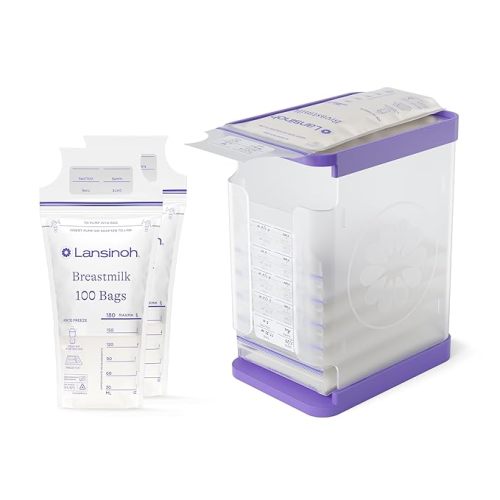 Lansinoh Breastmilk Freeze & Store Starter Pack – Breastmilk Storage Container with Quick-Freeze Tray, Stores 10 Bags + 100 Count 6 oz Breastmilk Storage Bags, Baby Feeding Essentials