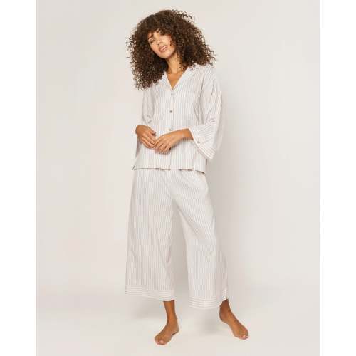 The Olivia Wide Leg Pima Pajama Set in Camel Ticking