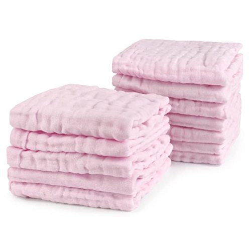Viviland Baby Muslin Washcloths 12 Pack for Baby's Sensitive Skin, 6-Layer Cotton Bath Towel, Soft Newborn Baby Face Wipes, Great Shower Gift, 12 x 12 inches (Pure Pink)