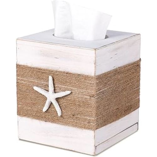SOMTO Beach Rustic White Wood Square Tissue Box Cover,Farmhouse Bathroom Accessories Starfish Decor Tissue Holder with Slide-Out Bottom Panel…