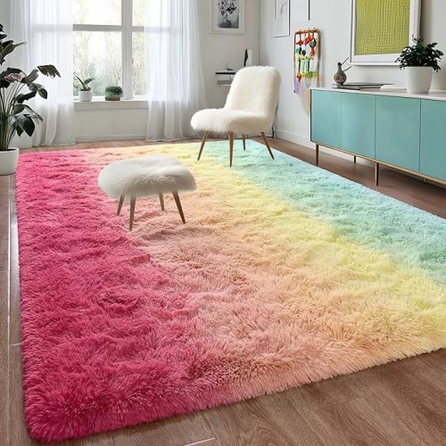 DweIke Luxury Fluffy Kids Rugs for Living Room Bedroom, 4x6 Feet Shaggy Gradient Navy Blue Area Rug for Girls Boys, Upgrade Plush Non-Slip and Washable Colorful Fuzzy Carpet for Dorm Nursery Decor