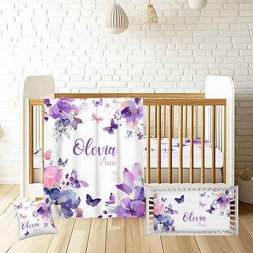 Personalized Baby Crib Bedding Sets for Girls – Custom Name 3 Pcs Butterfly Purple Nursery Set with Soft Blanket, Fitted Sheet & Pillowcase for Newborn or Infant Gift