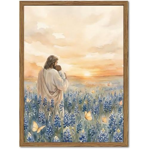 Jesus Holding Baby Wall Art Christian God and Baby Wall Decor Picture Vintage Kids Religion Wildflower Canvas Painting Print for Living Prayer Room Nursery Bedroom 12x16 inch Wood Framed