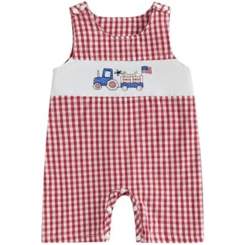Baby Boy Summer Clothes Sleeveless Embroidery Dinosaur Striped Retro Romper Jumpsuit Smocked Shortall