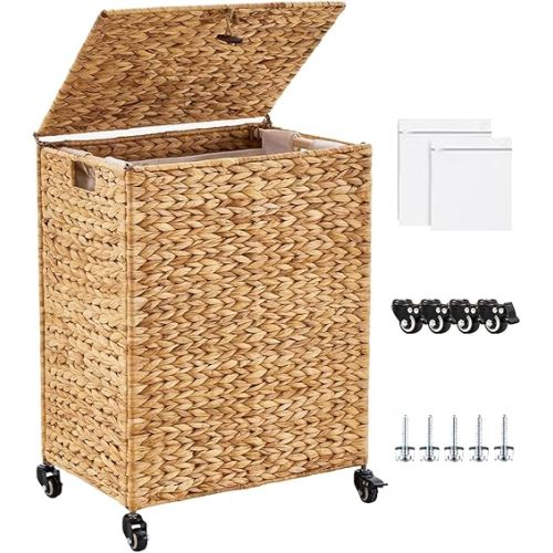 Hand-Woven Laundry Basket with Wheels, Natural Water Hyacinth Laundry Hamper with Lid, Removable & Machine-Washable Liner,Clothes Hamper for Bathroom and Laundry Room(90L,Natural)