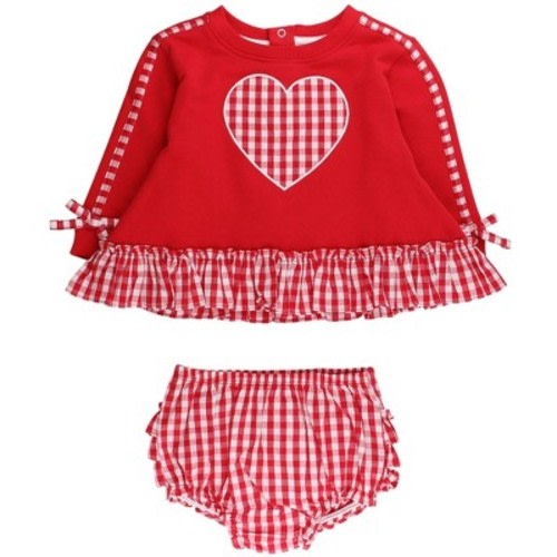 RuffleButts Baby Girls Long Sleeve Sweatshirt Swing Top and Bloomer Set - Heart Red Gingham, 0-3m