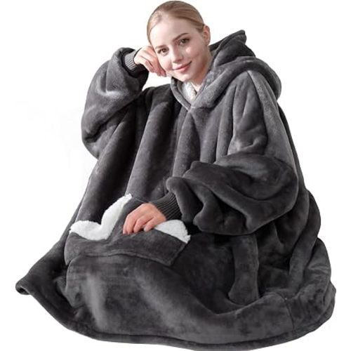 Touchat Wearable Blanket Hoodie, Oversized Sherpa Fleece Sweatshirt Blanket with Giant Hood Pocket and Sleeves for Adult, Warm & Cozy Grey Blanket Gifts for Women