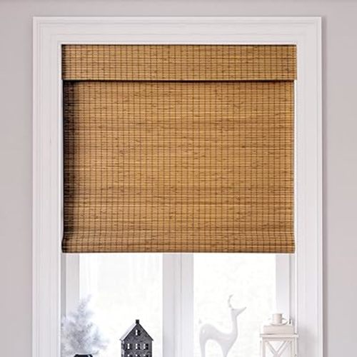 Cordless Bamboo Roman Shades 46x48in, Light Filtering Bamboo Blinds for Indoor Windows, Office, Bathroom and Living Room, Privacy Teak.