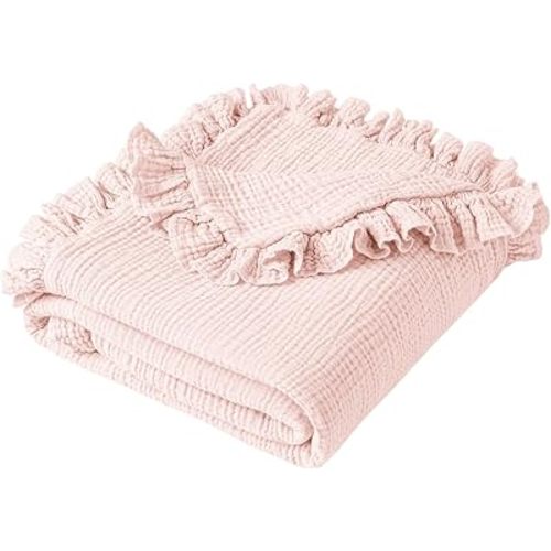 Konssy 100% Cotton Muslin Baby Blanket with Ruffle Trim for Girls, 43"x39"